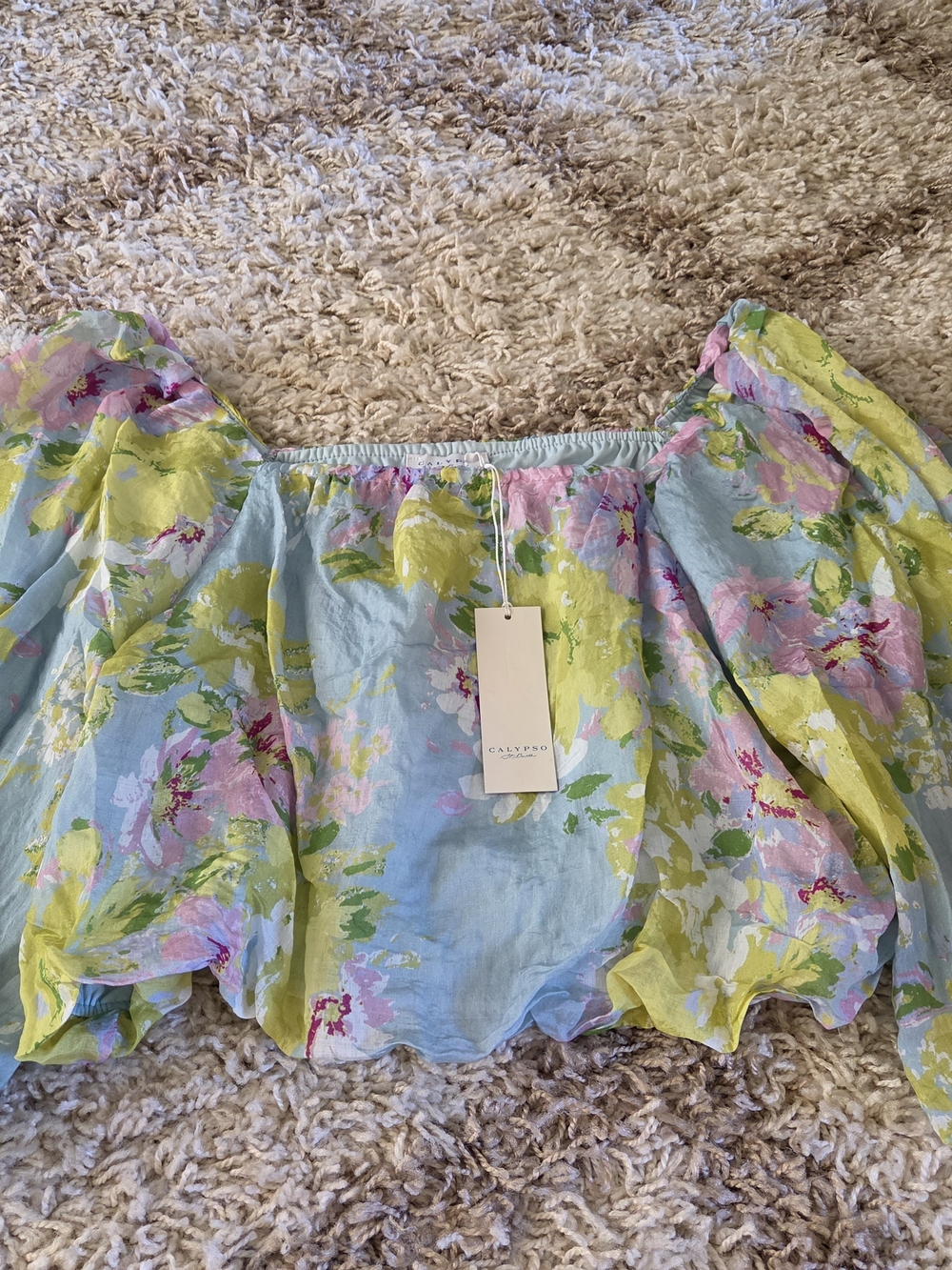Calypso St. Barth Blue Floral Off-Shoulder Blouse